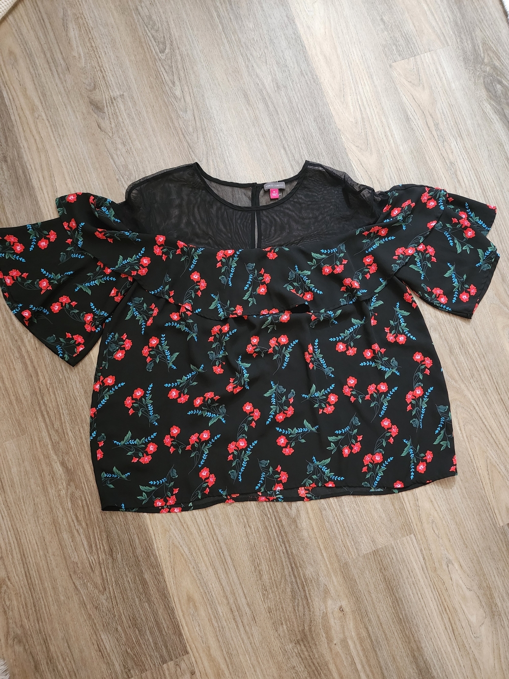 Vince Camuto Black Floral Off-Shoulder Blouse with Red Blossoms